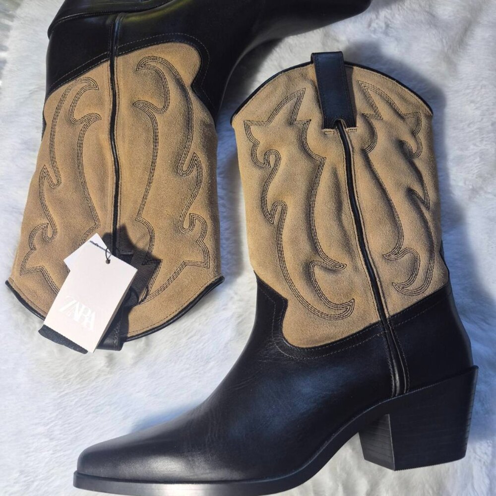 Zara Embroidered Leather Suede Cowboy Boots